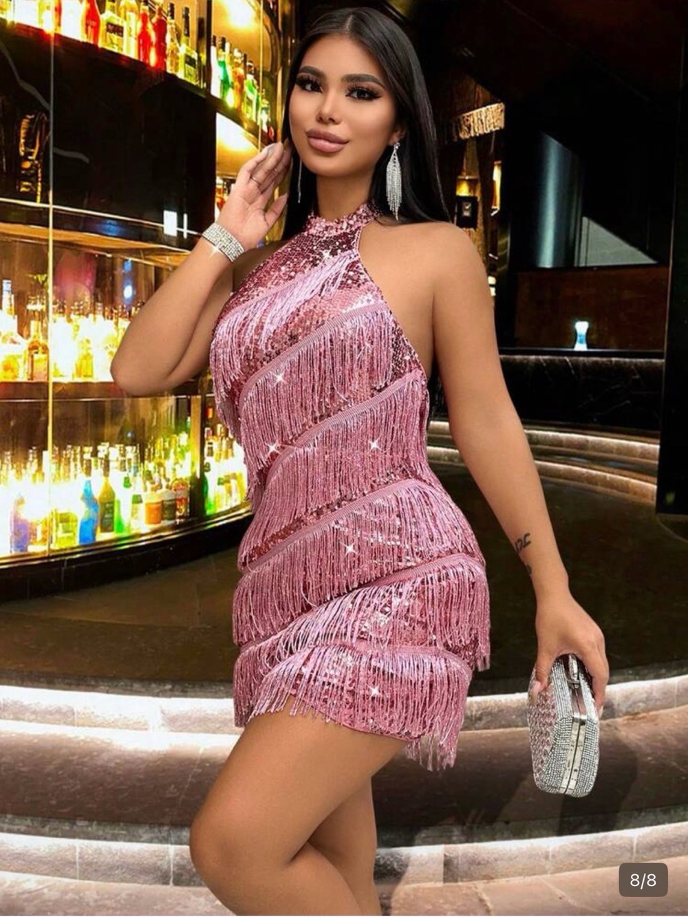 Fringe Sequin Halter Mini Dress - Pink